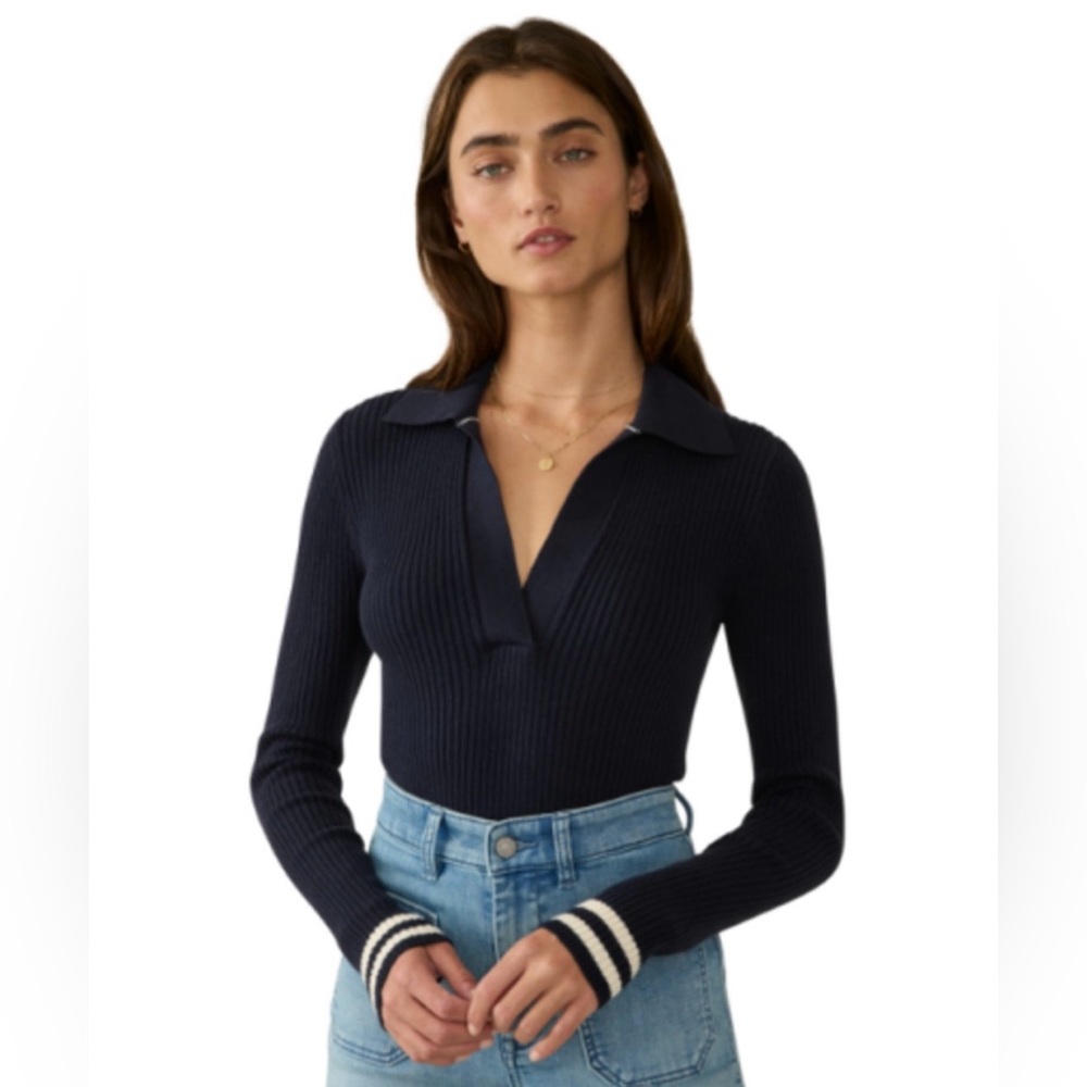 Faherty Stretch Cotton Cashmere Ribbed Polo in Retro Navy Stripe